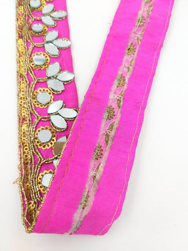 Fuchsia Pink Silk Trim With Mirrors Embellishments and Gold Embroidery, Approx. 34mm Wide, Decorative Trim Costume Trim Fashion Trim By Yard